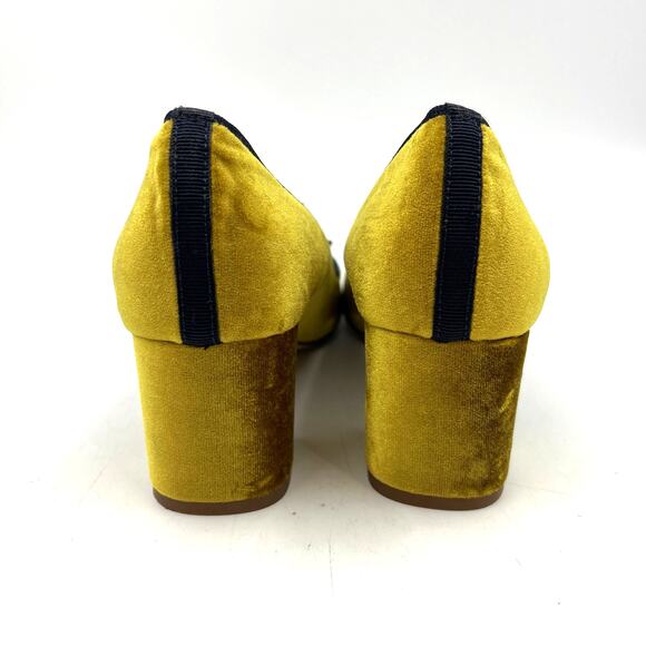 J. Crew Mustard Velvet Heels with Navy Bow - Picture 6 of 10